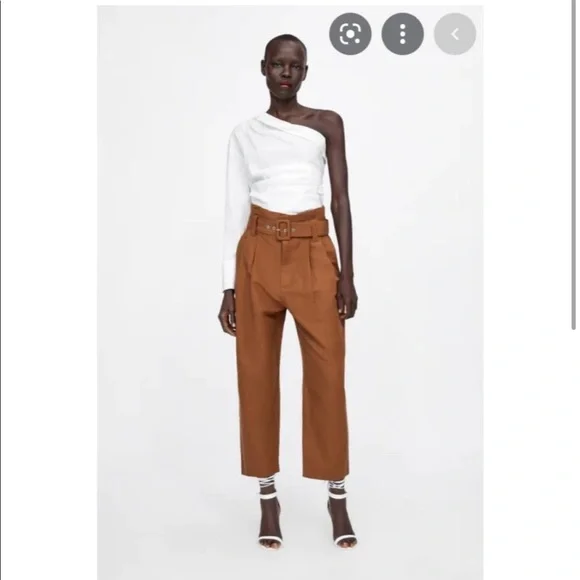 Zara Brown Paper Bag Cropped Linen Pants High Rise Medium - Picture 2 of 7